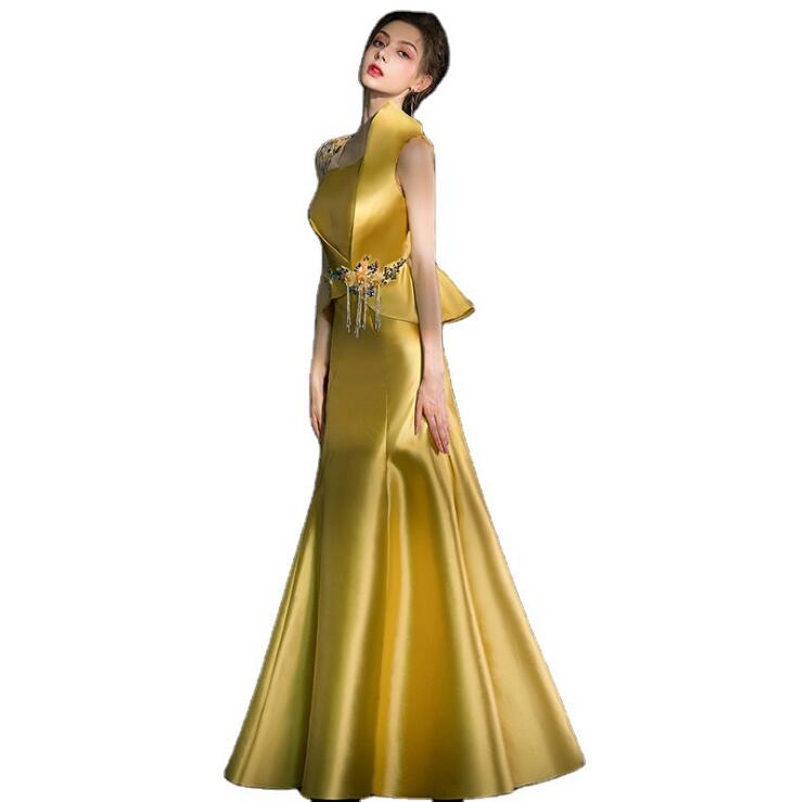 【送料無料】礼服 パーティードレス 高級感 ドレス マーメイドライン ゴールド ウェディングドレス ロング丈 着痩せ 謝恩会 結婚式 披露宴 二次会ドレス バックファスナー 演奏会 発表会 司会 舞台 ピアノ ワンピース ステージ オペラ声楽 成人式 ナイトドレス(4)