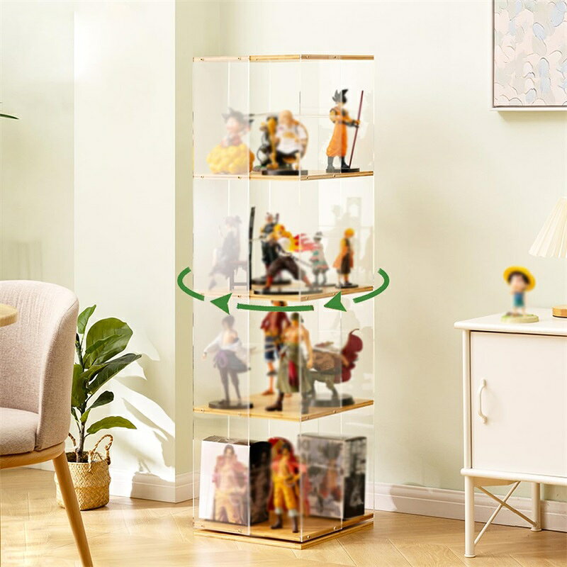 Rakuten - 回転 コレクションケース ショーケース コレクションキャビネット アクリル フィギュアケース コレクションボード フィギュア グッズ 竹枠 アクリル 大容量 ストレージ コレクションラック リビングルーム 書斎 手工芸品店 34x34x123cm プレゼント ギフト 贈り物 送料無料