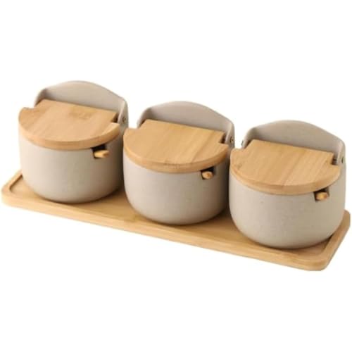 Rakuten - 調味料ポット セラミック スパイスジャー シュガー 塩 調味料入れ 竹の蓋付き キッチン 家庭用 (2個入れ)