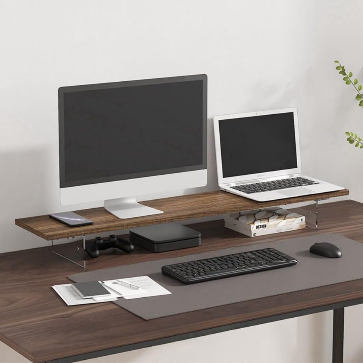 モニター スタンド コンピューター モニター スタンド デスクトップ 木製トップ アクリル脚 安定した 頑丈 デスクトップ ストレージ