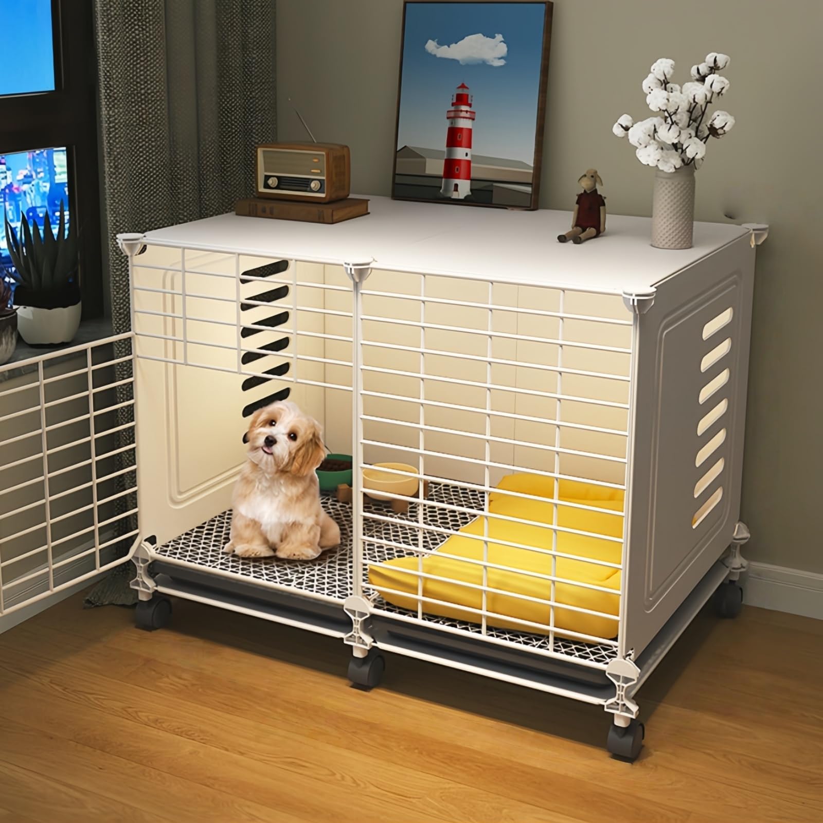 Rakuten - 犬ケージ ペットサークル ベーシック ペットケージ ペットハウス トレイ付きでお手入れ簡単 大容量 簡単な組み立て ペットゲージ 犬 サークル 中型犬 小型犬用ゲージ 屋根と車輪付き 屋内および屋外での使用に