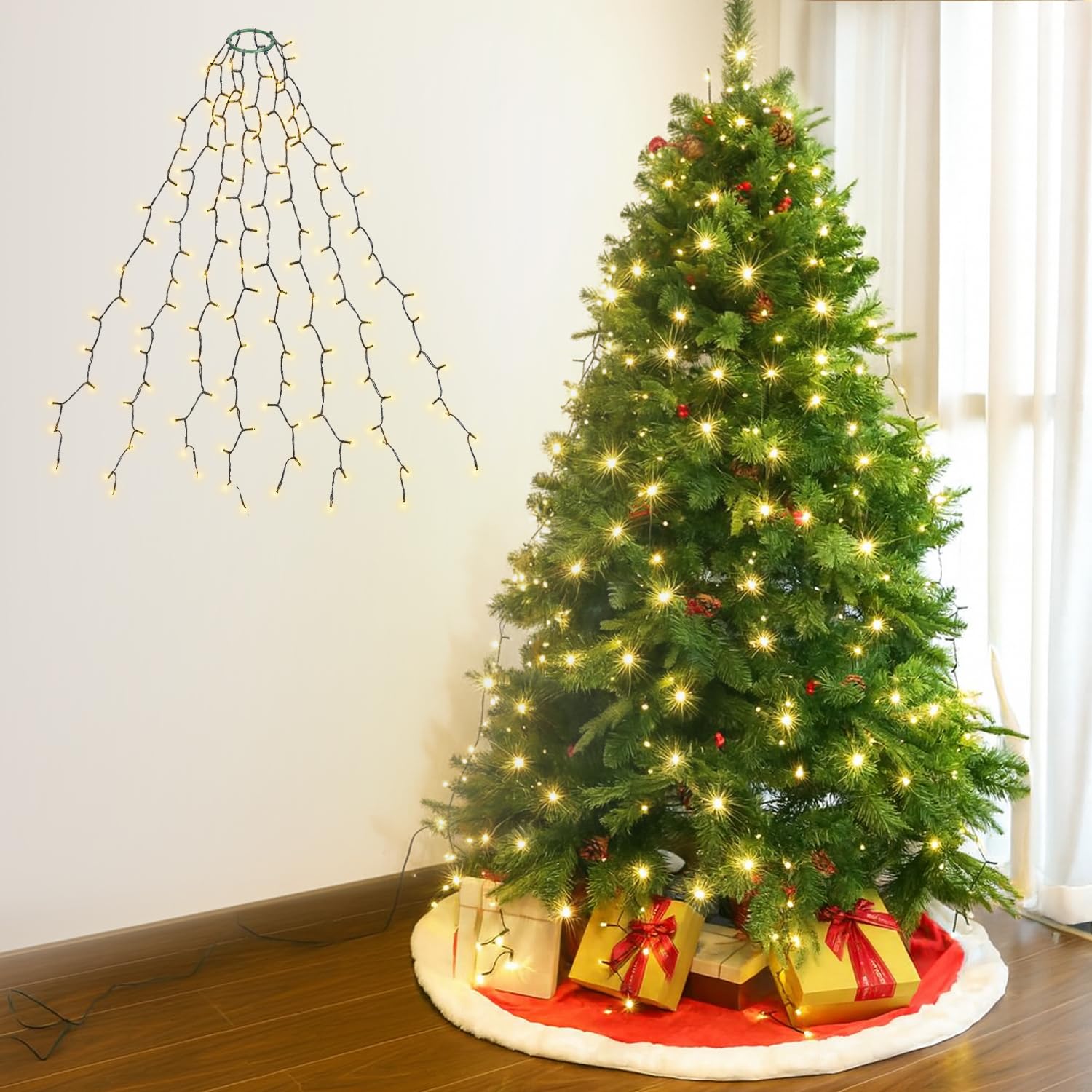 · 【取付簡単で手間いらず】クリスマスツリーのトップから覆うように掛けるだけで設置完了。USBプラグをコンセントに差すだけでライトが点灯するため、設置が非常に簡単なイルミネーションです！8本のライトの上部が均等に輪っかに固定されており、広げるだけでツリー全体をバランスよく装飾できます。電球間隔も均一で、明るく美しく光が満遍なく広がります広げるだけでツリーをバランスよく装飾できます。電球間隔も均一で、一つ一つが明るく、満遍なく綺麗です· 【利便性の高いUSB式】このクリスマス イルミネーションはモバイルバッテリーやパソコンのUSBポートなどから電源供給可能で、設置場所を選びません。長さ1.5メートルの垂れ下がるツリーライトが8本、総電球数は200個です。ウォームホワイトの柔らかい光で、ロマンチックな雰囲気を演出します· 【全8種類の点灯パターン】波のようにゆったりとした点灯から、リズミカルで華やかな点灯まで、8種類の点灯パターンが楽しめるled クリスマス ライトです。USBプラグのボタン操作またはリモコン操作で簡単に切り替え可能です· 【タイマー機能付きし】このクリスマスツリー 電飾はタイマー設定後、約6時間後に自動消灯します。設定後はUSBプラグ上のLEDが青く光り、タイマーが正しく作動しているか一目で確認できます· 【防雨仕様で屋内屋外対応】IP44防水仕様で、屋内のイルミネーションライトとしてだけでなく、屋外のツリー装飾にも安心してご使用いただけます· 【取付簡単で手間いらず】クリスマスツリーのトップから覆うように掛けるだけで設置完了。USBプラグをコンセントに差すだけでライトが点灯するため、設置が非常に簡単なイルミネーションです！8本のライトの上部が均等に輪っかに固定されており、広げるだけでツリー全体をバランスよく装飾できます。電球間隔も均一で、明るく美しく光が満遍なく広がります広げるだけでツリーをバランスよく装飾できます。電球間隔も均一で、一つ一つが明るく、満遍なく綺麗です· 【利便性の高いUSB式】このクリスマス イルミネーションはモバイルバッテリーやパソコンのUSBポートなどから電源供給可能で、設置場所を選びません。長さ1.5メートルの垂れ下がるツリーライトが8本、総電球数は200個です。ウォームホワイトの柔らかい光で、ロマンチックな雰囲気を演出します· 【全8種類の点灯パターン】波のようにゆったりとした点灯から、リズミカルで華やかな点灯まで、8種類の点灯パターンが楽しめるled クリスマス ライトです。USBプラグのボタン操作またはリモコン操作で簡単に切り替え可能です· 【タイマー機能付きし】このクリスマスツリー 電飾はタイマー設定後、約6時間後に自動消灯します。設定後はUSBプラグ上のLEDが青く光り、タイマーが正しく作動しているか一目で確認できます· 【防雨仕様で屋内屋外対応】IP44防水仕様で、屋内のイルミネーションライトとしてだけでなく、屋外のツリー装飾にも安心してご使用いただけます