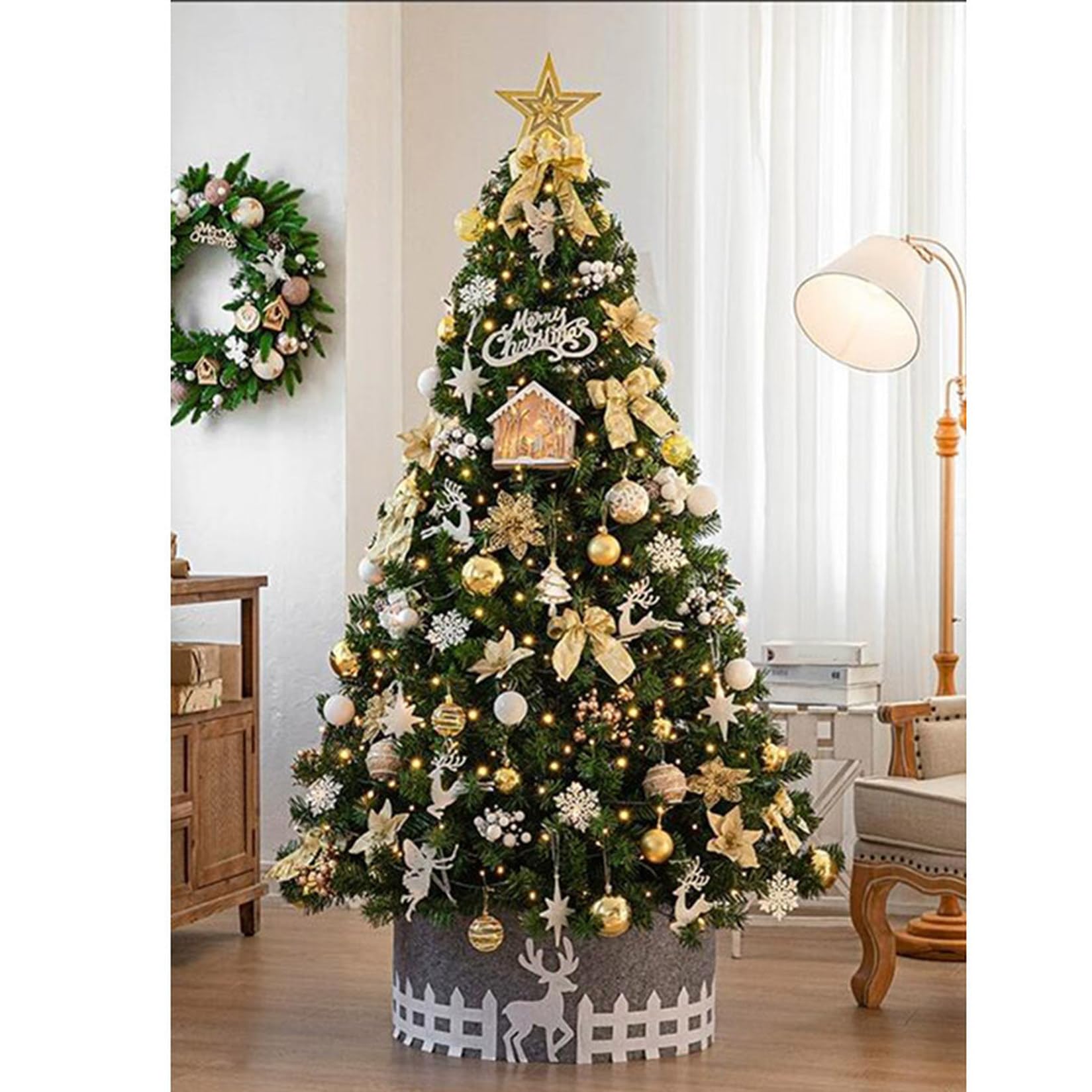 ぴょんぴょんショップのクリスマスツリー 北欧 大型 針葉樹 おしゃれ 240cm 150cm 180cm 210cm クリスマス飾り トウヒツリー オーナメント付き 豊富な枝数 店舗用 自宅用 玄関 クリスマスツリー 雪化粧付き カラー1 オーナメントクリスマスツリー｜アングル3