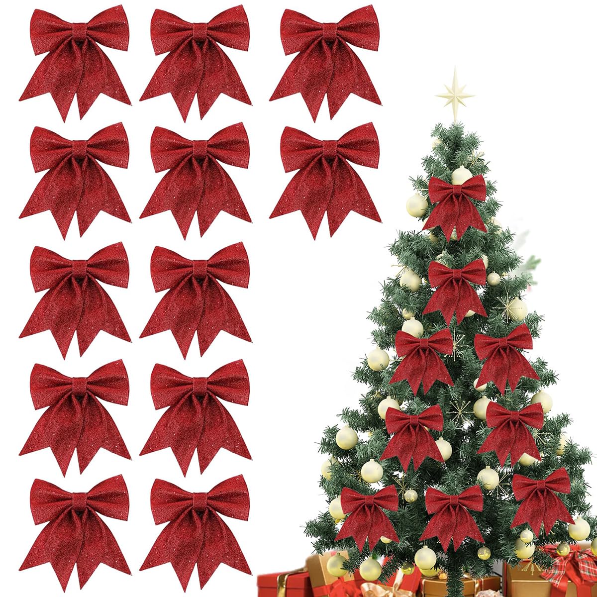 Rakuten - クリスマスリボン 蝶結び 12個入 スパンコール クリスマスツリー リボン 光沢 北欧 装飾 クリスマスオーナメント キラキラ DIY ラッピング クリスマスツリー飾り デコレーション 飾り付け 花束リボン プレゼント包装 (赤 12pcs)