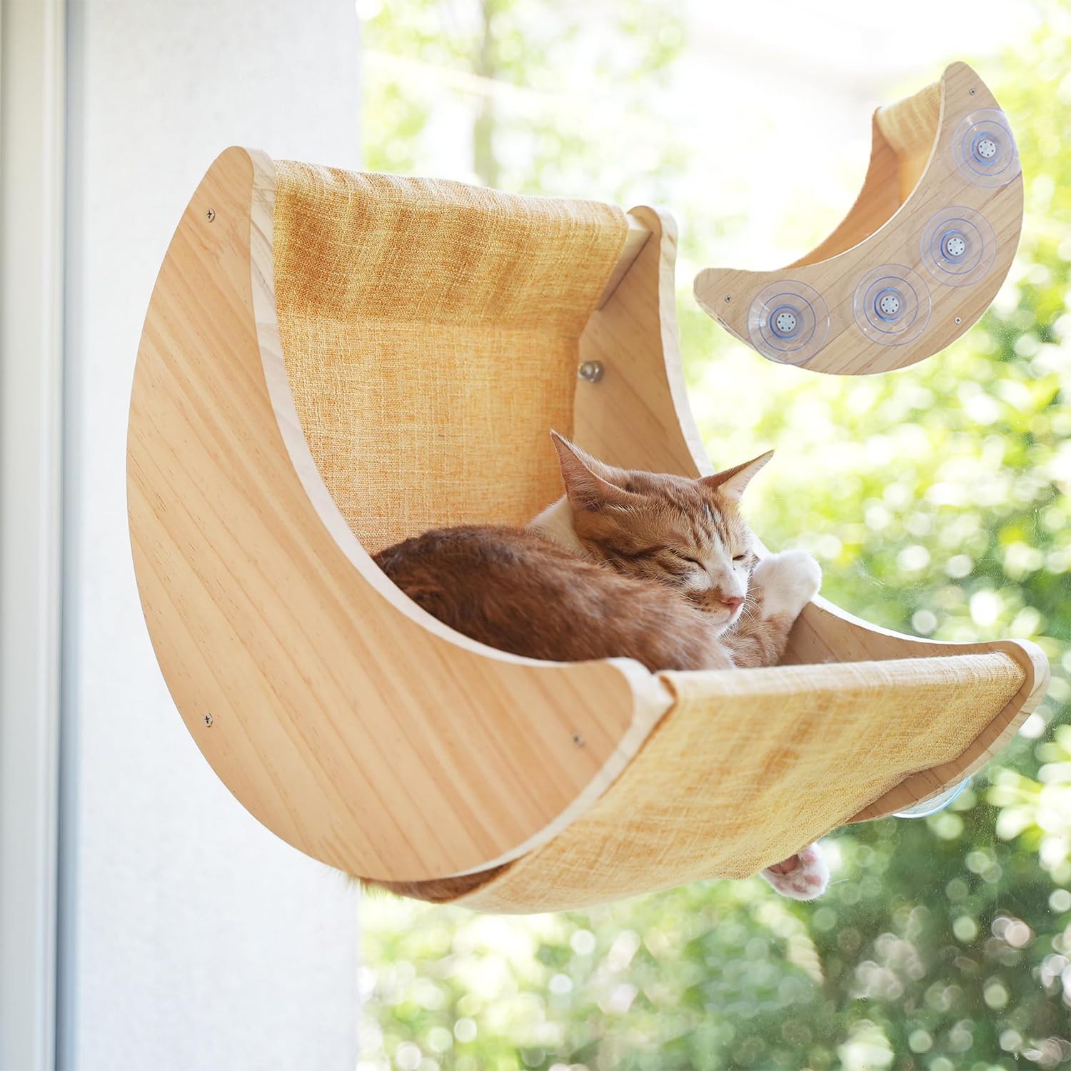 Rakuten - 猫 窓用ハンモック 強力吸盤固定式 夏用 猫 ハンモック 窓際見晴らし台 大型 耐用 安定 屋内猫窓ベッド 木製 省スペース 組立簡単 月型棚 洗える 取り外し可能なマット ストレス解消 日光浴 睡眠・小鳥観察用