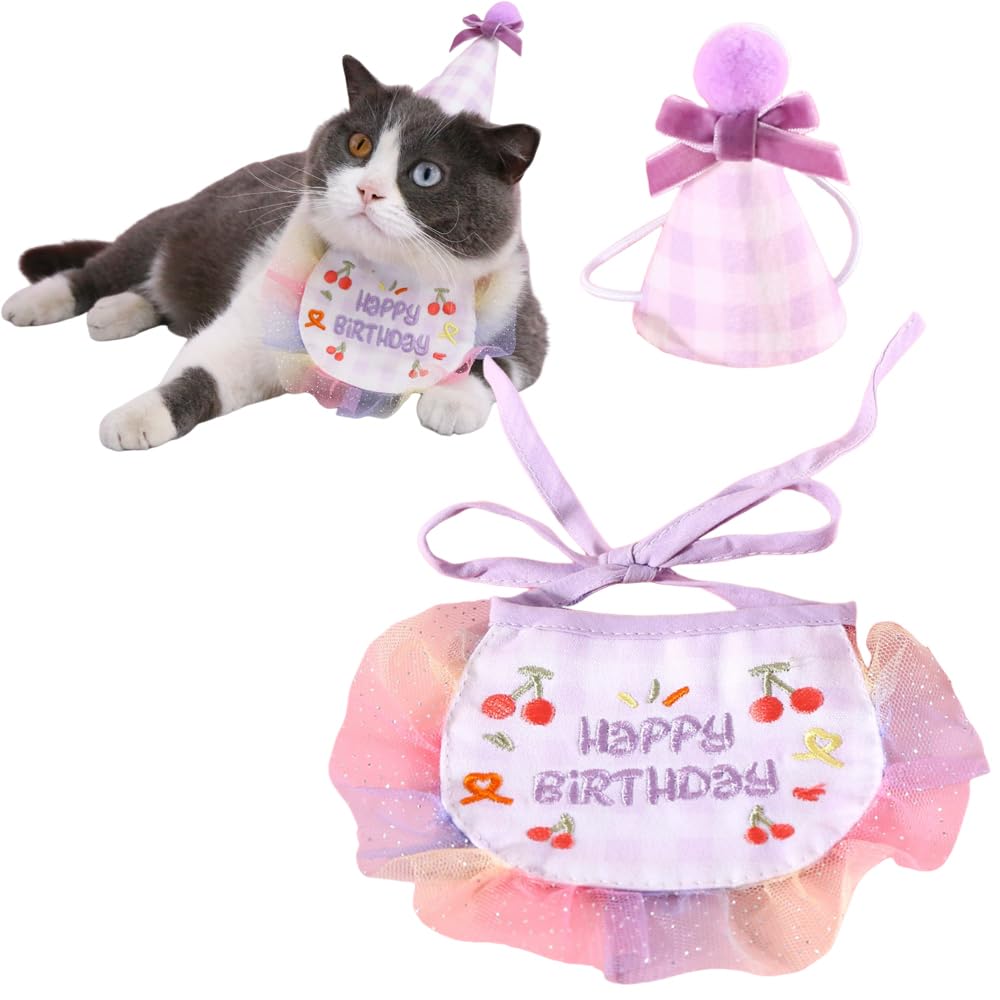 Rakuten - 誕生日帽子 犬 猫 2点セット よだれタオル HAPPY BIRTHDAY バースデー よだれかけ バンダナ 蝶ネクタイ 調節可能 柔らか 飾り付け おしゃれ 撮影 写真 誕生日プレゼント パーティー飾り