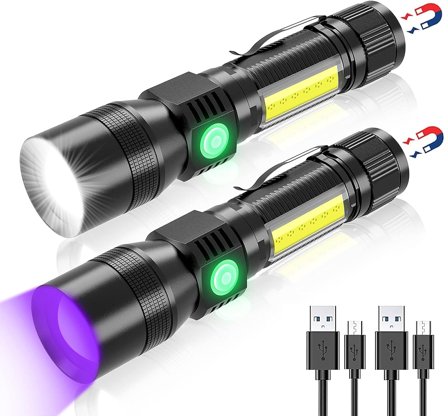 仕様サーズ：14.56cm*2.5cm懐中電灯重量：118g(単品)18650電池重量：38g素材：アルミニウム合金充電時間：2-3時間明るさ：2000ルーメンパラメ—タ—光源形式：Cree XML - LED T6 / COB / UV電圧：3.9v（制限5v）パワー：5WUSB： MICRO USBUSB充電式懐中電灯にはUSB充電ポートがあり、コンピュータ、モバイルバッテリー、車の充電器などのUSBポートから安 全に充電でき、いつでも充電できます。ポケットクリップ付きブラックライト懐中電灯のサイズは14.5*2.5cm、重量は約120g、軽量で持ち運びが簡単。衣服のポケットに掛けることができるクリップ付きで、毎日持ち歩くのが簡単です。3 in 1 UV 充電式懐中電灯(白色光懐中電灯 + UV ライト + COB ライト)【3 in 1設計】UVライト：紙幣、ペットの尿、サソリ、肉眼では見えないスポットの検出に最適です。ホワイトライト：アウトドア、夜の散歩、ハイキング、釣り、サイクリング、バックパッキング、キャンプ、バーベキューに最適です。COB ライト:COB サイド ホワイトライト、COB レッドライト、COB ホワイトとレッドのフラッシュを提供します。【高輝度＆ズーム機能】懐中電灯LEDライトは2000ルーメンで、ZOOM式、集光照射距离が500Mに達し、拡散照射の場合は庭やリビングルーム全体を照らすことができます。【USB充電式】充電式バッテリーが付属しているため、バッテリーを再度購入する必要はありません。 1回の充電で8時間持続使用可能です。【IPX6防水】IP65防水で大雨や雪の日に使用しても全く問題ありません。【7種類のモード】1.懐中電灯LEDライト高輝度、2.低輝度、3.SOS点滅、4、紫外線ライト、5.COB白色ライト常時点灯、6.COB赤色ライト常時点灯、7.COBライト警告灯（赤白色が急速交替点滅）。【落下防止】ポケットクリップ付きの転落防止デザインを採用しており、走る時にも落ちにくいです。· 【マグネット作業灯と紫外線ライト付き】高輝度 LED照明ライトのほか、COB作業灯も付属しており、マグネットと組み合わせて使用することができます。COBランプは赤または赤白のフラッシュライトを搭載しており、警告の役割を果たすことができます。395NM ブラックライトを提供し、肉眼では見えないものを検出するのに最適です。 目に見えない汚れや液体を表示したり、夜にサソリを探したり、偽造身分証明書や通貨をチェックしたりできます。· 【超高輝度&amp;ズーム可能&amp;7 つの照明モード】懐中電灯LEDライトは1600ルーメンで、ZOOM式、集光照射距离が220Mに達し、拡散照射の場合は庭やリビングルーム全体を照らすことができます。7 つの照明モード：1.懐中電灯LEDライト高輝度、2.低輝度、3.SOS点滅、4、紫外線ライト、5.COB白色ライト常時点灯、6.COB赤色ライト常時点灯、7.COBライト警告灯（赤白色が急速交替点滅）。電源ボタンを長押ししてワンタッチで消すことができます。· 【IPX6防水&amp;落下防止】IP65防水で大雨や雪の日に使用しても全く問題ありません（完全に水に浸すことはできませんのでご注意ください）。ポケットクリップ付きの転落防止デザインを採用しており、走る時にも落ちにくいです。特殊アルミ合金素材を使用しておりますので、一般的な机の上からの転落や、階段からの転落も心配する必要がありません。· 【軽量&amp;充電式】ブラックライト懐中電灯のサイズは14.5*2.5cm、重量は約120g、軽量で持ち運びが簡単。USBで充電でき、18650電池も使用可能です。懐中電灯全体の寿命は約70000時間で、1回の充電で8時間持続使用可能です。電池残量が不足している場合はボタン表示ランプが赤色に点灯し、充電完了後に緑色に点灯します。· 【幅広い用途】停電防犯防災護身工事現場地震対策などの緊急事態で活躍し、アウトドア作業キャンプ登山夜釣りなどすべての夜間照明場所にもご使用いただけます。仕様サーズ：14.56cm*2.5cm懐中電灯重量：118g(単品)18650電池重量：38g素材：アルミニウム合金充電時間：2-3時間明るさ：2000ルーメンパラメ—タ—光源形式：Cree XML - LED T6 / COB / UV電圧：3.9v（制限5v）パワー：5WUSB： MICRO USBUSB充電式懐中電灯にはUSB充電ポートがあり、コンピュータ、モバイルバッテリー、車の充電器などのUSBポートから安 全に充電でき、いつでも充電できます。ポケットクリップ付きブラックライト懐中電灯のサイズは14.5*2.5cm、重量は約120g、軽量で持ち運びが簡単。衣服のポケットに掛けることができるクリップ付きで、毎日持ち歩くのが簡単です。3 in 1 UV 充電式懐中電灯(白色光懐中電灯 + UV ライト + COB ライト)【3 in 1設計】UVライト：紙幣、ペットの尿、サソリ、肉眼では見えないスポットの検出に最適です。ホワイトライト：アウトドア、夜の散歩、ハイキング、釣り、サイクリング、バックパッキング、キャンプ、バーベキューに最適です。COB ライト:COB サイド ホワイトライト、COB レッドライト、COB ホワイトとレッドのフラッシュを提供します。【高輝度＆ズーム機能】懐中電灯LEDライトは2000ルーメンで、ZOOM式、集光照射距离が500Mに達し、拡散照射の場合は庭やリビングルーム全体を照らすことができます。【USB充電式】充電式バッテリーが付属しているため、バッテリーを再度購入する必要はありません。 1回の充電で8時間持続使用可能です。【IPX6防水】IP65防水で大雨や雪の日に使用しても全く問題ありません。【7種類のモード】1.懐中電灯LEDライト高輝度、2.低輝度、3.SOS点滅、4、紫外線ライト、5.COB白色ライト常時点灯、6.COB赤色ライト常時点灯、7.COBライト警告灯（赤白色が急速交替点滅）。【落下防止】ポケットクリップ付きの転落防止デザインを採用しており、走る時にも落ちにくいです。· 【マグネット作業灯と紫外線ライト付き】高輝度 LED照明ライトのほか、COB作業灯も付属しており、マグネットと組み合わせて使用することができます。COBランプは赤または赤白のフラッシュライトを搭載しており、警告の役割を果たすことができます。395NM ブラックライトを提供し、肉眼では見えないものを検出するのに最適です。 目に見えない汚れや液体を表示したり、夜にサソリを探したり、偽造身分証明書や通貨をチェックしたりできます。· 【超高輝度&amp;ズーム可能&amp;7 つの照明モード】懐中電灯LEDライトは1600ルーメンで、ZOOM式、集光照射距离が220Mに達し、拡散照射の場合は庭やリビングルーム全体を照らすことができます。7 つの照明モード：1.懐中電灯LEDライト高輝度、2.低輝度、3.SOS点滅、4、紫外線ライト、5.COB白色ライト常時点灯、6.COB赤色ライト常時点灯、7.COBライト警告灯（赤白色が急速交替点滅）。電源ボタンを長押ししてワンタッチで消すことができます。· 【IPX6防水&amp;落下防止】IP65防水で大雨や雪の日に使用しても全く問題ありません（完全に水に浸すことはできませんのでご注意ください）。ポケットクリップ付きの転落防止デザインを採用しており、走る時にも落ちにくいです。特殊アルミ合金素材を使用しておりますので、一般的な机の上からの転落や、階段からの転落も心配する必要がありません。· 【軽量&amp;充電式】ブラックライト懐中電灯のサイズは14.5*2.5cm、重量は約120g、軽量で持ち運びが簡単。USBで充電でき、18650電池も使用可能です。懐中電灯全体の寿命は約70000時間で、1回の充電で8時間持続使用可能です。電池残量が不足している場合はボタン表示ランプが赤色に点灯し、充電完了後に緑色に点灯します。· 【幅広い用途】停電防犯防災護身工事現場地震対策などの緊急事態で活躍し、アウトドア作業キャンプ登山夜釣りなどすべての夜間照明場所にもご使用いただけます。
