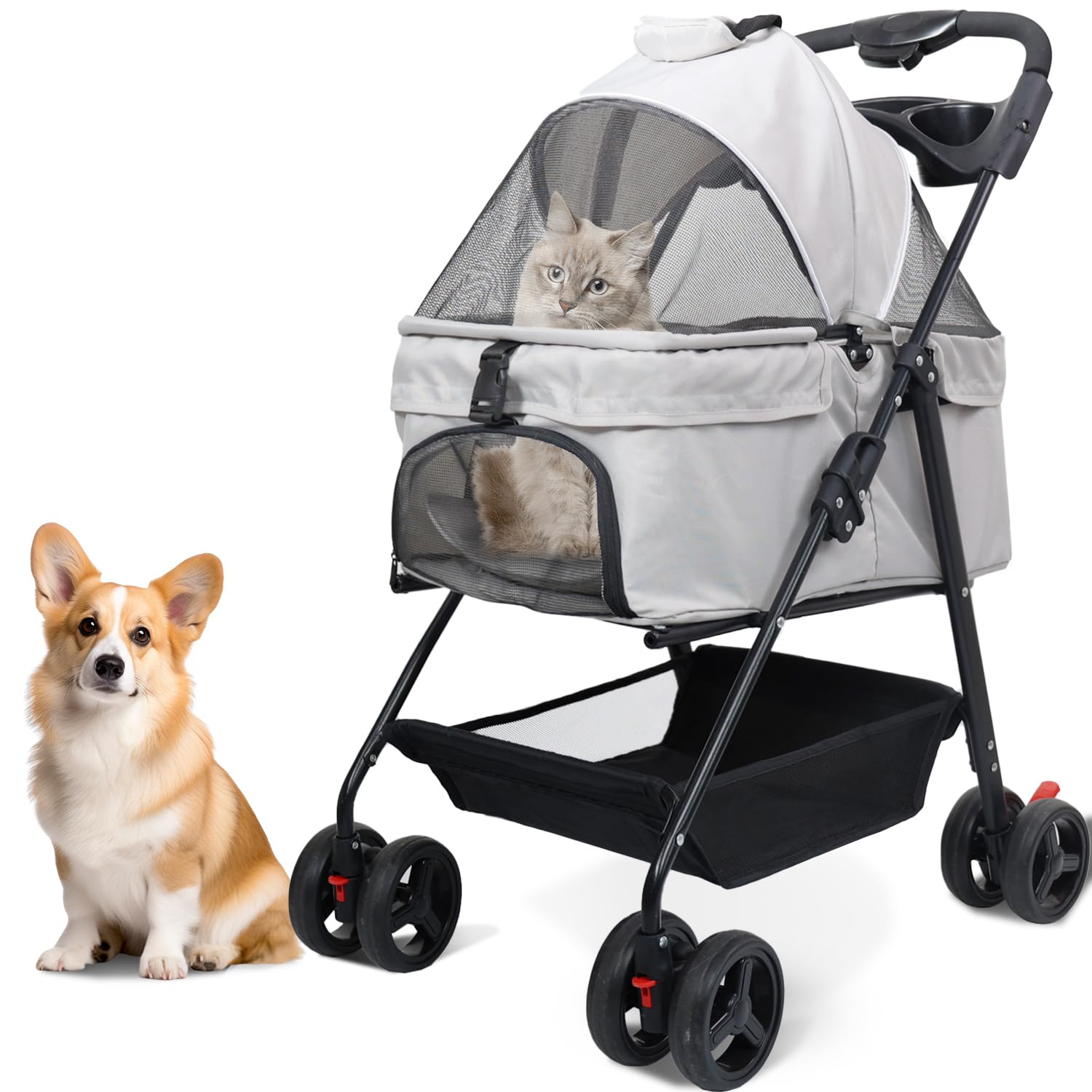乐天商城 - ペットカート 分離型 犬用カート 猫 バギー 軽量 コンパクト 小型犬 中型犬 多頭 ワンタッチ 折りたたみ 【前輪360°回転 後輪ブレーキ付】 飛び出し防止リード2本付き 組み立て簡単 耐荷重15KG 外出便利