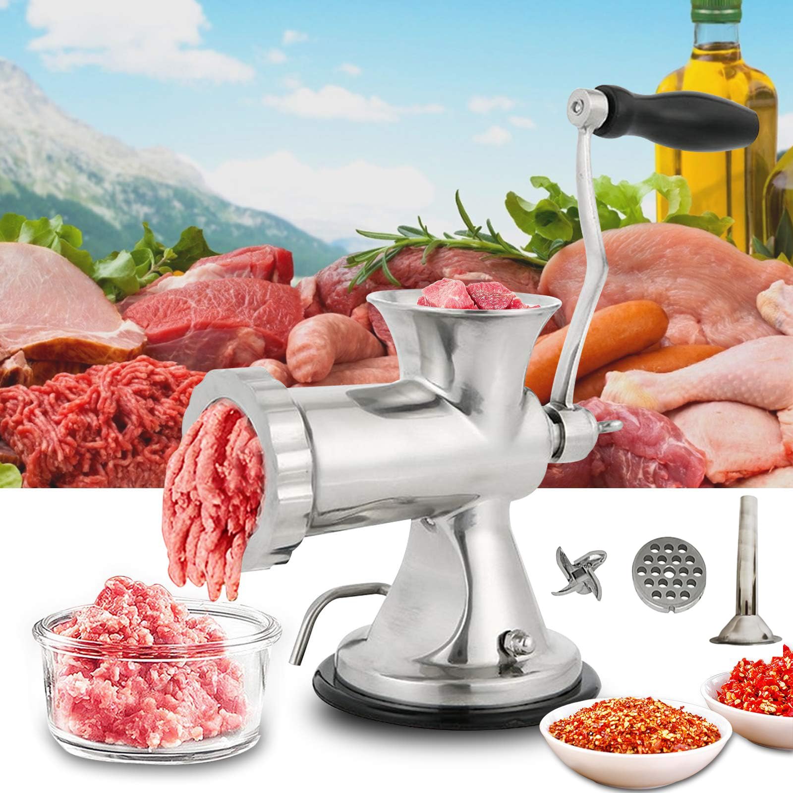 Rakuten - 手動式ミンサー ひき肉器 ステンレス製肉挽き器 肉グラインダー 豆挽き機 味噌作り 肉/野菜ひき/みじん切り/腸詰め 肉挽き機 野菜 玉ねぎ にんじん フード ミートチ 家庭用 食堂用 付属品付き 日本語説明書付き