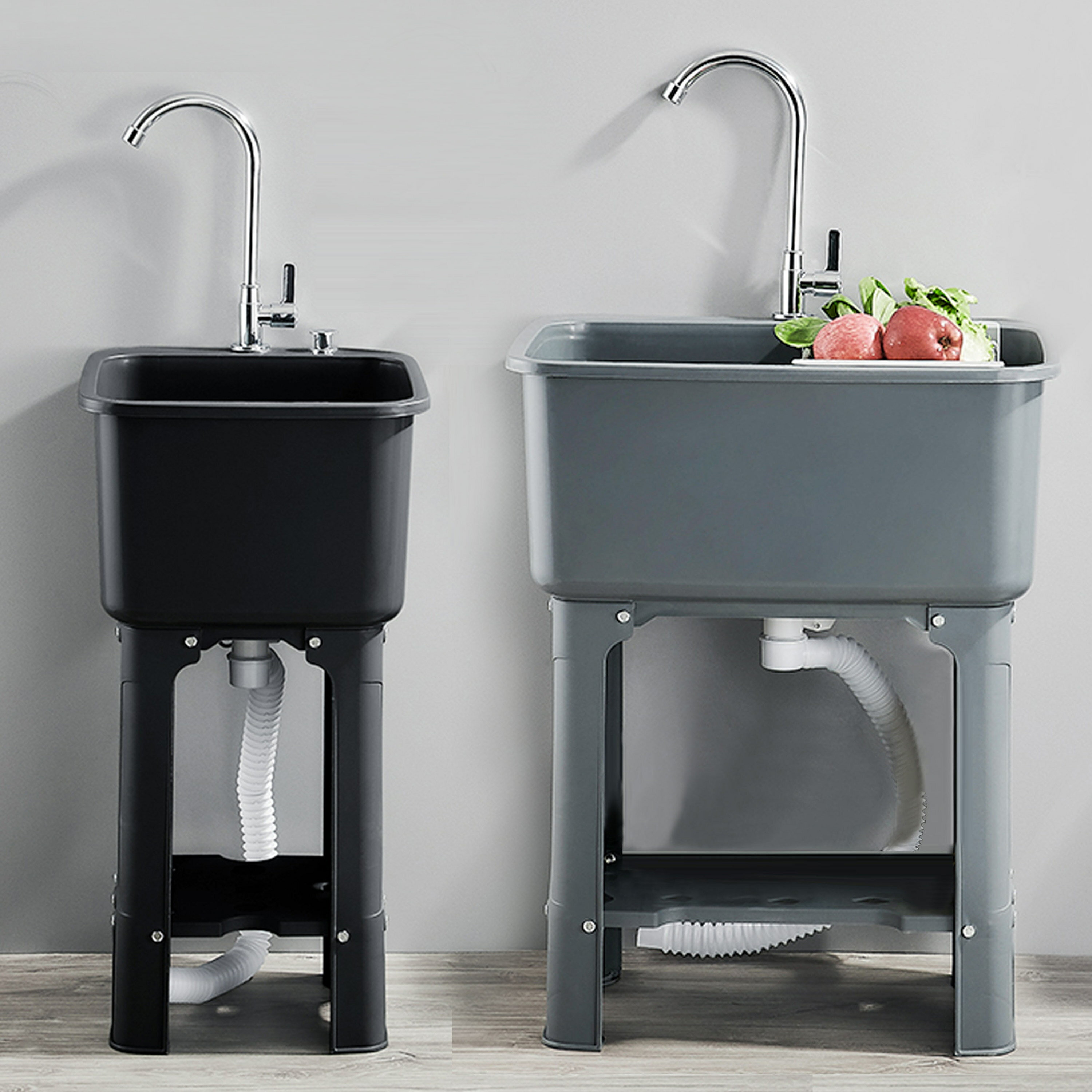 Rakuten - 流し台 ガーデンシンク プラスチック 軽量 蛇口付き シンク スタンド付き 水切りかご付き 高さ76cm 簡易流し 自立型 丈夫 安定 厨房 屋外 工場 農園 洗い物 に 便利 厚みのあるカウンタートップ