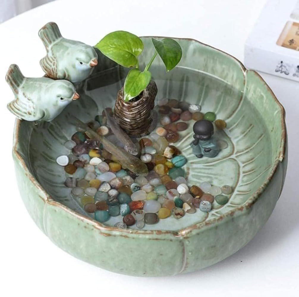睡蓮鉢 セラミック 水槽 植木鉢 蓮型 ラウンド 小型 水耕栽培 多肉植物 鉢植え容器 小魚飼育 鳥装飾 テーブル置き バルコニー 屋外ガーデン インテリア