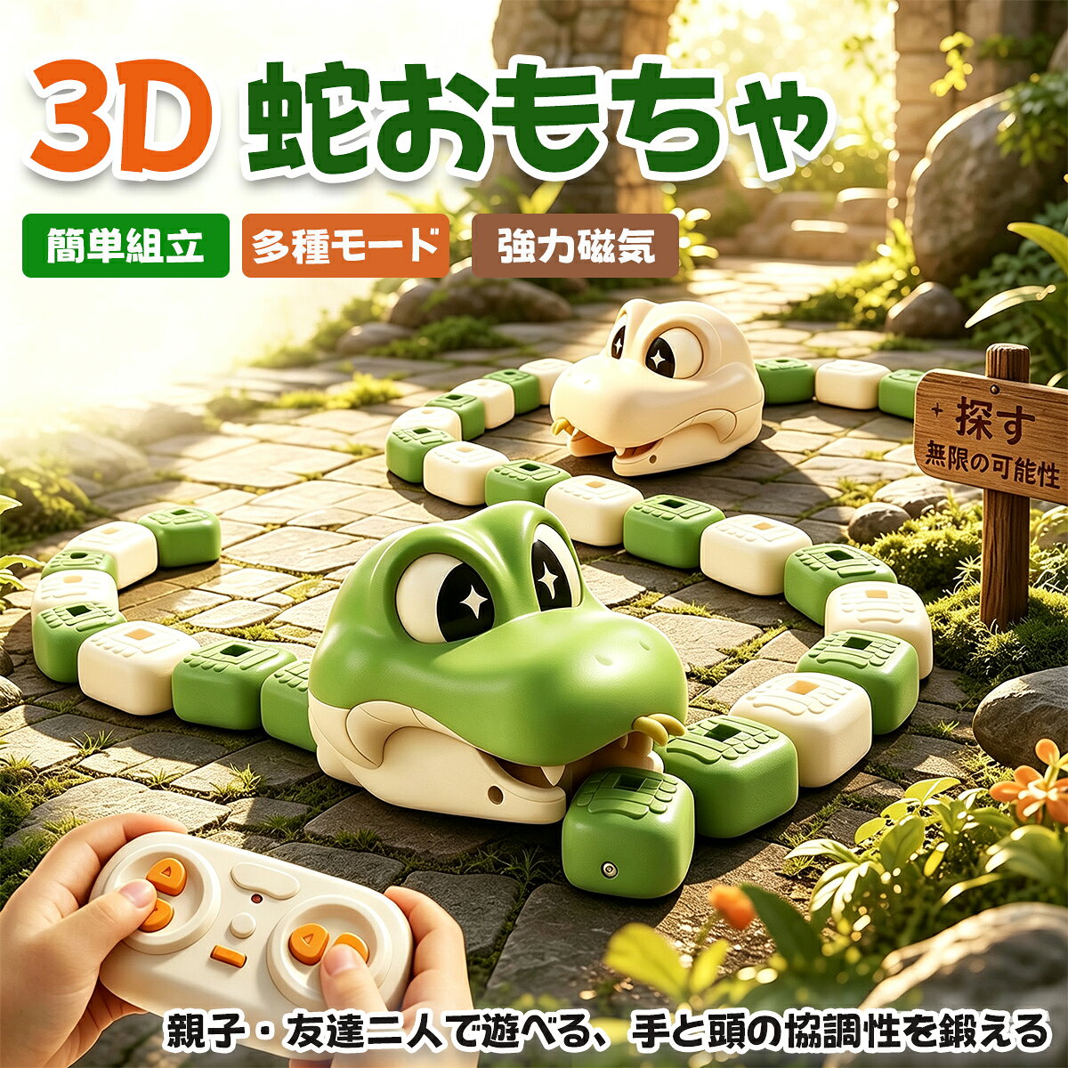 商品説明 　商品詳細 本体サイズ：約13×9.3×7.8cm ・素材：ABS樹脂 ・電源：USB充電式 カラー：グリーン、ベージュ 【セット内容】 ・【単品】：本体×1、リモコン×1、連結パーツ×8、TypeC充電ケーブル×1 ・【2個セット】：本体×2、リモコン×2、連結パーツ×16、TypeC充電ケーブル×2 リモコンでかわいいワニ型の本体を操作し、床に並べた連結パーツをぱくぱく集めるアクションゲームです。 取り込んだパーツは本体の後ろから出て、しっぽのように次々とつながります。 数字シールを使った順番チャレンジやポイント対決、タイムアタック、障害物コースなど、ルールを変えて何度でも楽しめるのも魅力。 USB充電式で繰り返し遊べ、2台そろえれば親子やきょうだい、お友だちとの対戦遊びも楽しめます。 遊ぶたびにワクワクが広がる、プレゼントにもおすすめのリモコンおもちゃです。 　関連キーワード 誕生日 ギフト 誕生日プレゼント 女友達 ギフト 女性 お洒落 母の日 送料無料 グッズ 退職祝い 女性 男性 かわいい 子供 用品 おしゃれ 友人 引っ越し祝い 引っ越し 挨拶 引っ越し祝い 出産祝い 母親 クリスマス 自分買い ご褒美 彼氏 ホワイトデー お返し 実用的 友達 旦那 　注意事項 ※画像はご覧になっているモニターやPCなどの環境により、実物と多少カラーが異なる場合がございます。 ※ページに記載の通りですが、製造時期や改良などによって仕様が若干異なる場合がございますので何卒ご了承下さい。 ※基本的には全国一律送料無料と対応させていただきますが、ご送付先は沖縄・北海道など離島の場合は2500円の送料をご請求させていただきます、ご注文後追加送料があります。 ※色味やサイズが異なるなどのクレームはご対応致しかねますので、ご了承ください。 ※商品のサイズは採寸方法によって、若干な誤差が生じる場合はあります。ご了承ください。 ※こちらの対応と商品について何かご不満がありましたら、「レビュー」を付ける前に一度ショップとご連絡してお願いいたします、ショップの誠意を持って最後まで対応させていただきます。 　品質保証 ◎※販売している商品は全て新品未使用です、倉庫から出荷前に検品必要ですので、箱を開封する場合もございます、予めご了承くださいませ。 ◎※初期不良の場合は到着後3営業日以内にご連絡ください。 ◎※初期不良の場合は写真や動画を送って下さい、確認後無料で新品交換もしくは御返金致しますのでご連絡下さい。 ◎※写真や動画を送っていただけない場合は技術者と確認できません、返品返金対応出来ない可能性が御座います、予めご了承くださいませ。