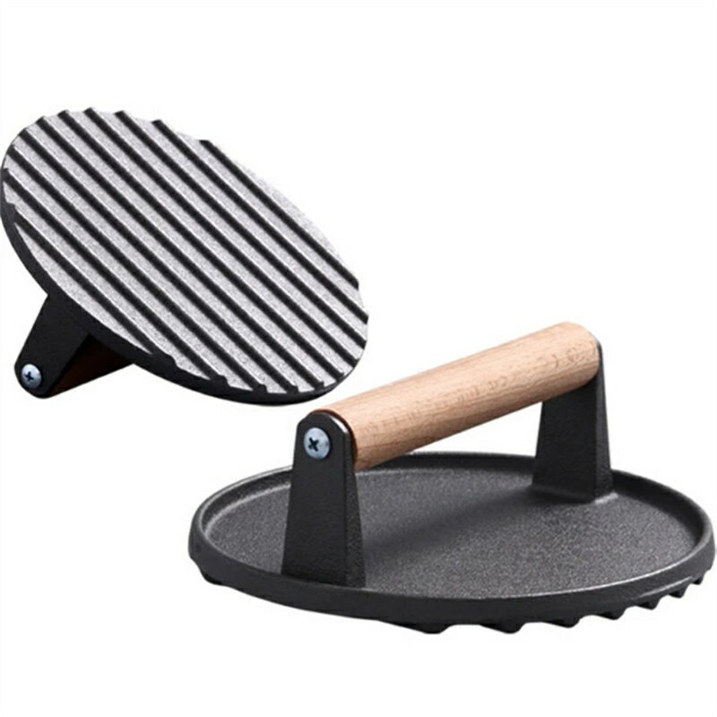 ミートプレス 丸形 ミート プレス 木製ハンドル 食肉プレス 重し 鋳物 ベーコンプレス バーガープレス 焼き餃子 ステーキ 家庭用 業務用 ブラック