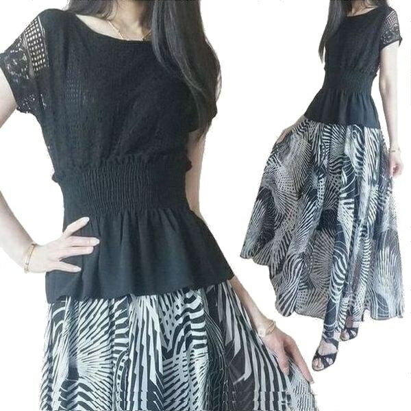 【ラスト1点】セットアップ 2点セット レースシフォンフリルトップス&プリントが素敵なロングスカートセット シフォンスカート ロングスカート プリントスカート ...