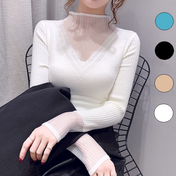 【3点よりどり1万円対象】ニットトップ レディース スシースルーVネック 透け感 ハイネック 春 秋 長袖 セーター ニット 長袖 袖シースルー スケ感 ブルー 青 黒 ブラック ホワイト 白 ベージュ 秋冬 ニット