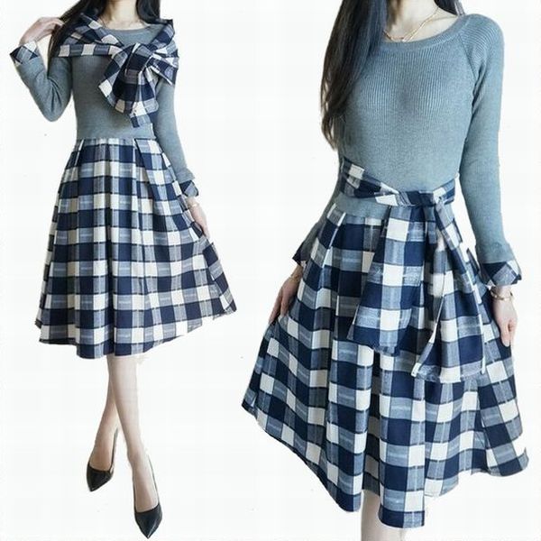 ワンピース ニット ニットワンピ 【2点セット】チェック ストールつき 切り替え 青チェック 柄 ニットワンピース ロング ミモレ丈 ミモレワンピース マフラー...