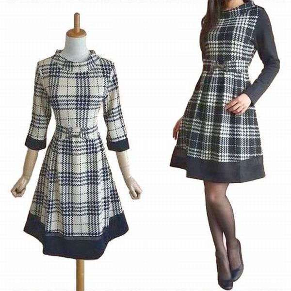 【クーポンで20％OFF】【2点よりどり1万円対象】ワンピース 秋 きれいめ ボートネック 清楚 チェック柄 ワンピース レディース シースルー裾 女度アップ 長袖 七分袖 チェックワンピース 膝丈 ひざ丈 ミディアム フレア 黒 アイボリー クリーム ブラック ストレッチのサムネイル