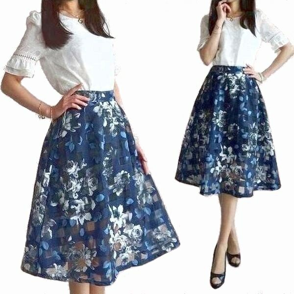 【ラスト1点】セットアップ 美しい透け花 上下セット 2段フレア袖シフォンブラウス シースルー チェック柄 花柄 ミモレスカート チェック柄 清楚 大花 刺繍レ...