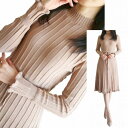 ニットワンピース 秋冬ニット きれいめ 長袖 フリル 清楚 優雅 上品 ニット 膝丈 ミモレ丈 スレンダー 着痩せ ストライプ 編み ベージュ Iライン Aライン ハイネック ウエスト絞り 裾フリル シンプル 30代40代50代 ニットワンピ ひざ丈 ひざ下