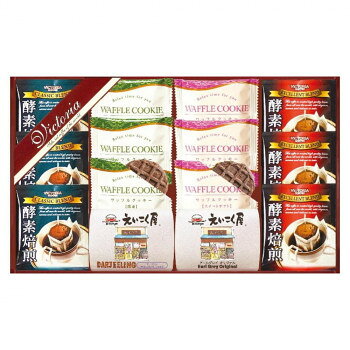 「北海道・沖縄・離島・一部地域へのお届けは別途送料を請求させていただきます。」「お客様都合でのキャンセルの場合、出荷前後にかかわらずキャンセル料などの手数料が発生いたしますので予めご了承ください。」「メーカーより取り寄せ商品のため、在庫状況によっては欠品・廃盤の可能性があります。あらかじめご了承ください。」喫茶文化の根強い愛知県から、コーヒーと紅茶をそれぞれ使いやすいドリップバッグ、ティーバックにしてギフトセットにしました。紅茶専門店「えいこく屋紅茶店」とのコラボ商品になっております。2種類のワッフルクッキーと詰め合わせました。内容量ドリップコーヒー(エクセレントブレンド・クラシックブレンド):各7g、ティーバッグ紅茶(ダージリン・アールグレイ ):各2g、ワッフルクッキー(抹茶・スイートポテト):各3個サイズ個装サイズ：43.3×26×3.7cm重量個装重量：430g仕様賞味期間：製造日より360日セット内容ドリップコーヒー(エクセレントブレンド・クラシックブレンド)ティーバッグ紅茶(ダージリン・アールグレイ )ワッフルクッキー(抹茶・スイートポテト)生産国日本原材料名称：レギュラーコーヒー、紅茶ティーバッグ、焼き菓子【クラシックブレンド】コーヒー豆(生豆生産国名:ブラジル、コロンビア、他)【エクセレントブレンド】コーヒー豆(生豆生産国名:ブラジル、コロンビア、他)【ダージリン】紅茶【アールグレイ】紅茶(インド製造)/香料【ワッフルクッキー抹茶】小麦粉(国内製造)、チョコクリーム(乳糖、植物油脂、全粉乳、砂糖、ココアバター、抹茶)、砂糖、全卵、マーガリン、ココアパウダー、水飴、食用乳化油脂(還元水飴、食用油脂、乾燥卵白)、乳等を主要原料とする食品、カカオ加工品、食塩、食用植物油脂、乳脂肪、全粉乳、米粉/膨脹剤、加工デンプン、香料、糊料(加工デンプン、カラギーナン)、乳化剤、着色料(クチナシ、カロチン)、甘味料(アスパルテーム・L-フェニルアラニン化合物)、酸化防止剤(ビタミンE)、(一部に小麦・乳成分・卵・大豆を含む)【ワッフルクッキースイートポテト】小麦粉(国内製造)、チョコクリーム(乳糖、植物油脂、全粉乳、砂糖、ココアバター、さつまいもパウダー)、砂糖、全卵、マーガリン、ココアパウダー、水飴、食用乳化油脂(還元水飴、食用油脂、乾燥卵白)、乳等を主要原料とする食品、カカオ加工品、さつまいもペースト、食塩、食用植物油脂、乳脂肪、全粉乳、米粉/膨脹剤、加工デンプン、香料、糊料(加工デンプン、カラギーナン)、乳化剤、着色料(クチナシ、カロチン)、甘味料(アスパルテーム・L-フェニルアラニン化合物)、酸化防止剤(ビタミンE)、(一部に小麦・乳成分・卵・大豆を含む)アレルギー表示卵、乳、小麦、大豆（原材料の一部に含んでいます）保存方法常温での保存製造（販売）者情報販売者:ビクトリア珈琲株式会社/愛知県名古屋市守山区天子田2-303fk094igrjs