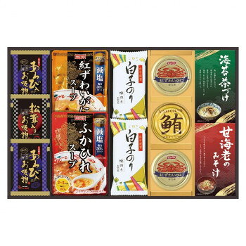 「北海道・沖縄・離島・一部地域へのお届けは別途送料を請求させていただきます。」「お客様都合でのキャンセルの場合、出荷前後にかかわらずキャンセル料などの手数料が発生いたしますので予めご了承ください。」「メーカーより取り寄せ商品のため、在庫状況によっては欠品・廃盤の可能性があります。あらかじめご了承ください。」あわび、松茸の素材を使ったフリーズドライとふかひれスープ、紅ずわいがにスープと白子のりを詰め合わせた贅沢な贈り物です。内容量スープ(ふかひれ160g、紅ずわいがに160g、松茸入4.2g)各1、(あわび入吸い物4g、白子のり(8切5枚))各2、みそ汁7.5g×2、茶漬け6g×4、ほぐし身55g×2、フレーク70g×1サイズ個装サイズ：46.3×29×4.2cm重量個装重量：1005g仕様賞味期間：製造日より360日生産国日本原材料名称：調理用濃縮スープ、乾燥スープ、味付のり、即席みそ汁、お茶漬け、紅ずわいがに水煮、まぐろ油漬【ふかひれスープ】ガラスープ(国内製造)、野菜(長ねぎ、しいたけ、たけのこ)、醤油、ごま油、砂糖、発酵調味料、香辛料、ふかひれ、食塩、でんぷん、オイスターソース、コラーゲンペプチド、シーフードエキス、酵母エキス、オニオンエキス/増粘剤(加工デンプン、キサンタンガム)、調味料(無機塩等)、香辛料抽出物、酸味料【紅ずわいがにスープ】ガラスープ(豚・鶏・大豆・小麦を含む)(国内製造)、野菜(たけのこ、きくらげ)、紅ずわいがに、ごま油、かにエキス、砂糖、コラーゲンペプチド、えびパウダー、食塩、でんぷん、還元水あめ、香辛料/増粘剤(加工デンプン、キサンタンガム)、調味料(無機塩等)、香辛料抽出物(乳成分を含む)、香料、酸味料、紅麹色素【あわび入吸い物】魚貝エキス調味料(魚貝エキス、しょう油、食塩)、チキン調味料(食塩、デキストリン、チキンパウダー、その他)、食塩、でん粉、ゼラチン、うきみ、具(チンゲン菜(中国産)、鶏卵、あわび、ゆず)/調味料(アミノ酸等)、酸化防止剤(ビタミンE)、香料、香辛料抽出物、カラメル色素、酸味料【松茸入吸い物】しょう油、デキストリン、チキン調味料(食塩、デキストリン、チキンパウダー、その他)、食塩、和風だし調味料、ゼラチン、うきみ、具(みつば(国産)、まつたけ)/増粘剤(加エデンプン、キサンタンガム)、調味料(アミノ酸等)、香料、酸化防止剤(ビタミンE)、酸味料【白子のり】乾のり(国産)、調味液(しょうゆ(小麦を含む)、砂糖、水あめ、食塩、かつお節エキス、えびエキス、酵母エキス、こんぶエキス)/調味料(アミノ酸等)、甘味料(甘草)、香辛料【味噌汁】粉末味噌汁(乳糖、赤味噌、食塩、食物繊維、かつお節、さば節)(国内製造)、甘えび粉末、乾燥わかめ、乾燥ねぎ、乾燥三つ葉/調味料(アミノ酸等)、糊料(プルラン)、炭酸カルシウム、甘味料(アセスルファムK)【海苔茶漬け】調味顆粒(食塩、乳糖、砂糖、抹茶、でん粉)(国内製造)、乳糖、あられ、のり、抹茶、でん粉/調味料(アミ ノ酸等)【紅ずわい蟹ほぐし】紅ずわいかに、砂糖、食塩/調味料(アミノ酸等)、リン酸塩(Na)、増粘剤(キサンタン)、酸化防止剤(亜硫酸塩)【鮪油漬フレーク】まぐろ(輸入又は国産(5%未満))、米油、野菜スープ(玉葱、人参、キャベツ)、ローストオニオン、食塩アレルギー表示卵、乳、小麦、えび、かに、あわび、ごま、さば、大豆、鶏肉、豚肉、まつたけ、ゼラチン（原材料の一部に含んでいます）保存方法常温にて保存してください。製造（販売）者情報【ふかひれ・紅ずわいがにスープ】販売者:株式会社ホテイフーズコーポレーション【あわび入お吸い物・松茸入お吸い物】販売者:シーラック株式会社【白子のり】製造者:株式会社白子【味噌汁】販売者:株式会社中久【海苔茶漬け】販売者:株式会社丸美屋フーズ【紅ずわい蟹ほぐし】販売者:株式会社ニッスイ【鮪油漬フレーク】製造者:伊藤食品株式会社fk094igrjs