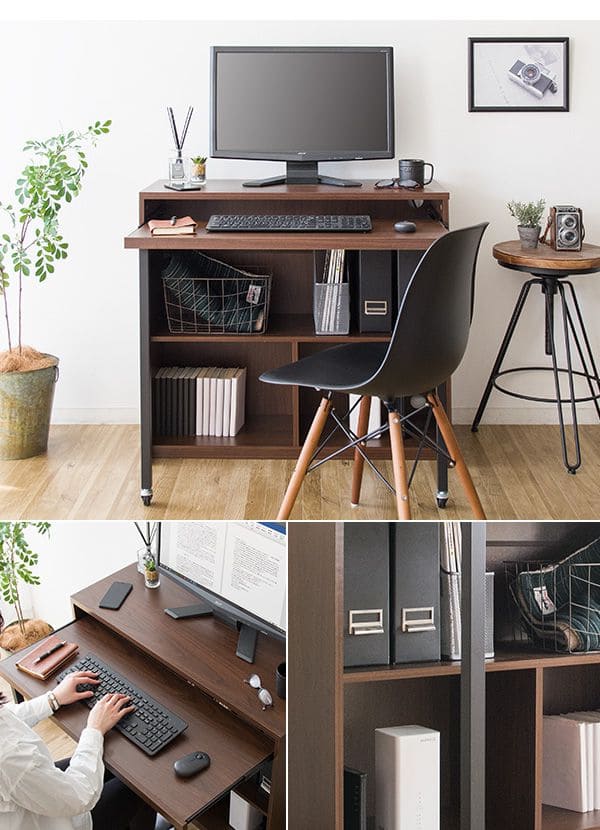 パソコンデスク PCデスク 90cm幅 スリム 机 コンパクト コンセント 棚 省スペース おしゃれ デスク シンプル キャスター 木目調 ハイタイプ 奥行40 在宅 木目 薄型 長方形 パソコン 高い 収納付き 収納棚 スライド [3]