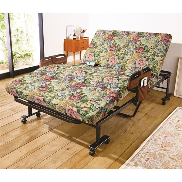 電動ベッド 折りたたみベッド 〔 硬質 セミシングル 花柄 〕 組立簡単 寝心地が選べる電動ベッド 組立品