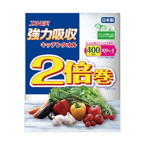 （まとめ） カミ商事 エルモア強力吸収キッチンタオル2倍巻 2枚重ね×100カット 1パック（4ロール） 【×3セット】