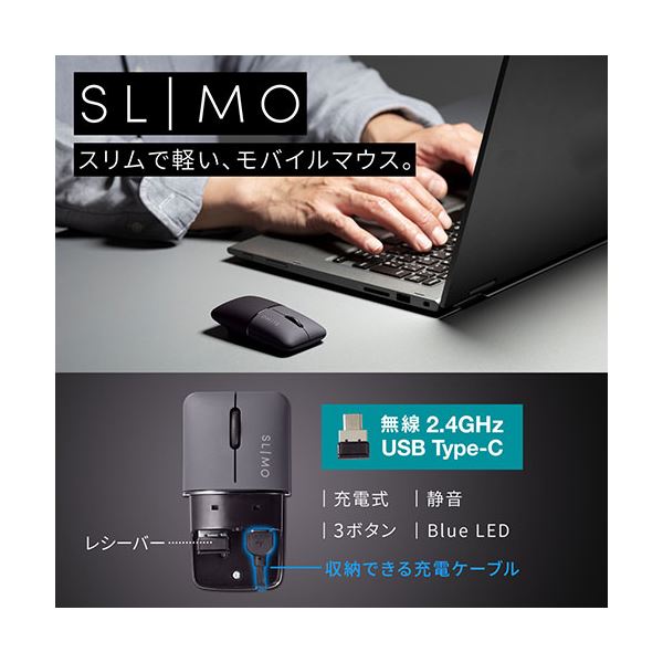 サンワサプライ 静音ワイヤレスブルーLEDマウス SLIMO (充電式・Type-C) MA-WCBS310BK ブラック