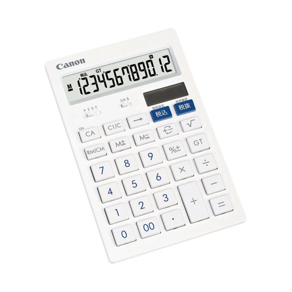 ■サイズ・色違い・関連商品関連商品の検索結果一覧はこちら■商品内容キヤノン 抗菌卓上電卓 HS-121T■商品スペック中型卓上サイズの抗菌キレイ電卓。●電卓（小型タイプ）●デザイン電卓●表示数字（高）：13mm●早打ち対応●税計算●計算状態表示●桁数：12桁●外形寸法：幅105×奥162×高16．5mm●質量：130g●電源：太陽電池＋内蔵電池（CR2032×1）●付属品：CR2032（内蔵電池）、取扱説明書、保証書●保証期間：1年間■送料・配送についての注意事項●本商品の出荷目安は【3 - 6営業日　※土日・祝除く】となります。●お取り寄せ商品のため、稀にご注文入れ違い等により欠品・遅延となる場合がございます。●本商品は仕入元より配送となるため、沖縄・離島への配送はできません。[ HS-121T ]
