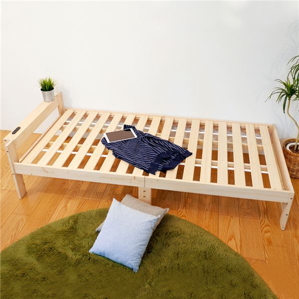 2口コンセント付き 棚付き すのこベッド シングル (フレームのみ) 幅98.5cm 高さ調節可 日本檜ベッドフ..