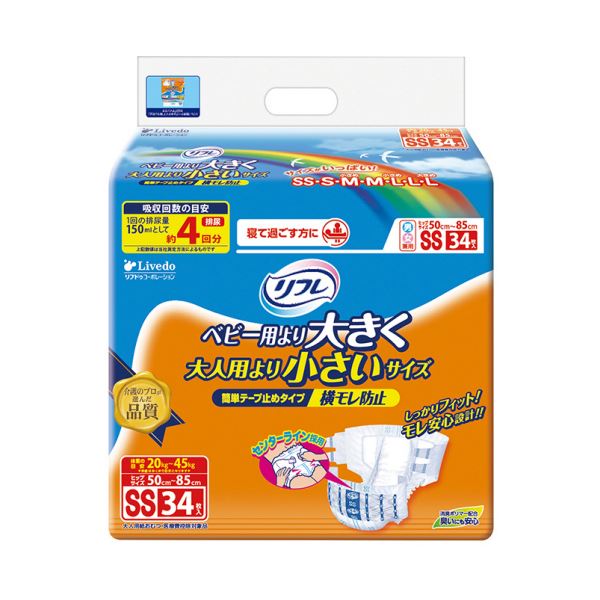 ■サイズ・色違い・関連商品■1パック（34枚） 2セット■1セット（102枚：34枚×3パック） 1セット[当ページ]■商品内容●2つのギャザーがぴったりフィットして、流れ伝わる尿をしっかりせき止めるテープ止めタイプのSSサイズの3パックセット。●背モレ・腹モレを防止。●全面通気性シートでおむつ内部のムレを防止します。●テープが重なってもはずれにくくて安心!●約4回分約600cc●寝て過ごすことが多い方に。■商品スペックサイズ：SSその他仕様全吸収量:約800cc対象：男女兼用吸収量：約600ccヒップサイズ：50〜85cmシリーズ名：リフレ吸収量目安：約4回分■送料・配送についての注意事項●本商品の出荷目安は【1 - 5営業日　※土日・祝除く】となります。●お取り寄せ商品のため、稀にご注文入れ違い等により欠品・遅延となる場合がございます。●本商品は仕入元より配送となるため、沖縄・離島への配送はできません。[ 16480 ]