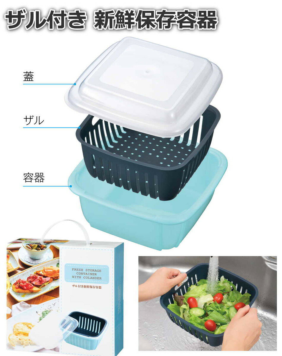 ザル付き新鮮保存容器 洗った野菜をそのまま保存可能 イチゴやリンゴなどのフルーツの保存にも アサリの水抜き バーベキュー用食材の保存 運動会やお花見、ピクニック時のフルーツの保存 容器サイズ21.3×21.3×8.4cm 【送料無料】【あす楽】