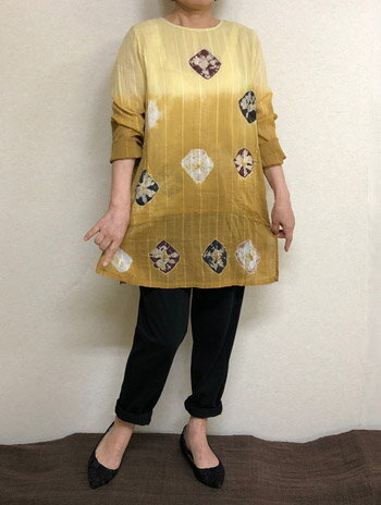 여름의 긴팔 블라우스 조리개 염색이 어른 옐로우 면 100% 느긋하게 사이즈 40대.50대.60대.70대 개성파 시니어 미세스 레이디스 패션