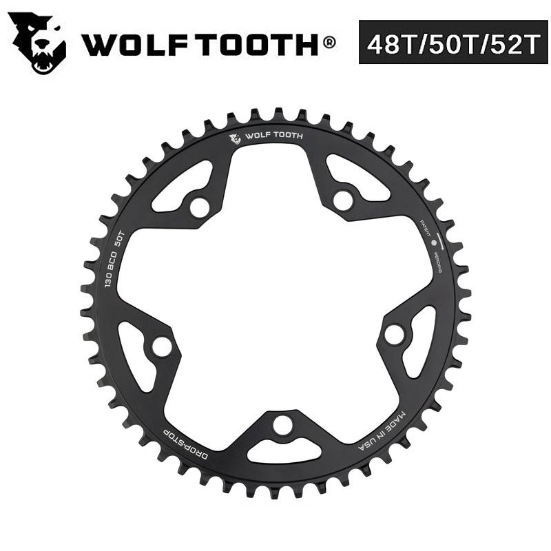 ■130 BCD 5 Bolt Chainring compatible with SRAM Flattop130BCDクランク用ワイド/ナロー。Wolf Toothの特許取得済みチェーンリング。 ロード/シクロクロス/グラベル/最大52tリングと様々な用途まで拡張されています。 歯のワイド側がドライブ側で最大の接触を持ち、負荷を分散してチェーンリングの寿命を延ばします。 狭い側は泥や破片のクリアランスを可能にし、摩擦を減らします。 幅の広い/狭い歯のパターンを交互に使用することで、チェーンの脱落を防ぎます。●対応チェーン：9-10-11spd/12spd SRAM Eagle/KMC/Connex/Wippermann/Campagnolo/SRAM Flatop AXSチェーン用。 Drop-Stop B（画像参照） ●使用ボルト：6mm ※純正の2xボルトは使用できません。 ●重量：【52T-132g】 ●材質：7075-T6 aluminum ●ドライブトレイン：Shimano DA 9000 / Ultegra6800/Campy CX10 / 11とは互換性がありません。