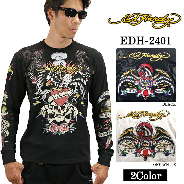 Rakuten - [SALE]Ed Hardy エドハーディー 刺繍プリント 天竺 長袖Tシャツ メンズ ロンTEE edh-2401