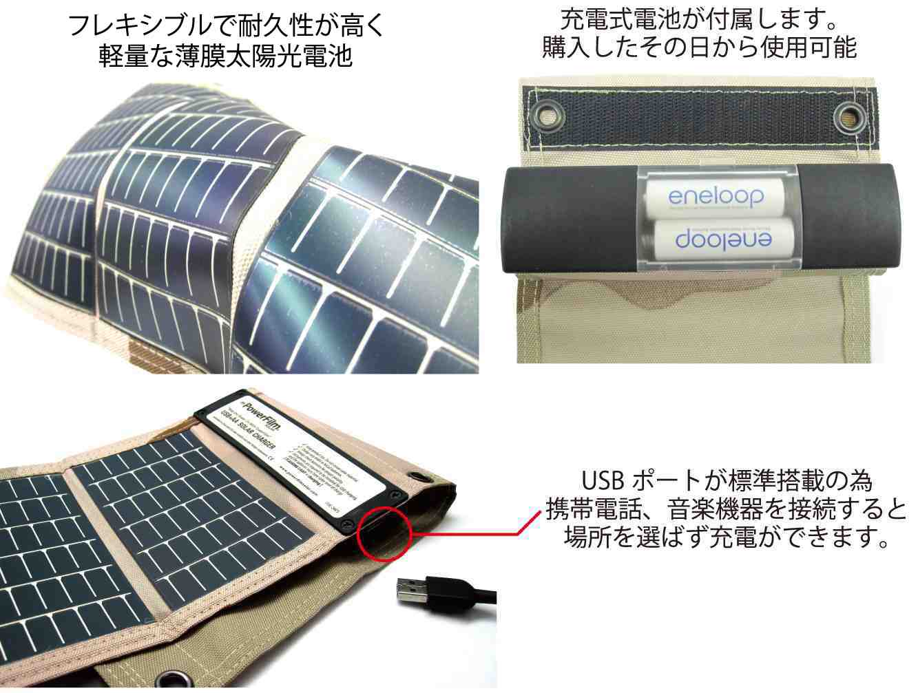 PowerFilmパワーフィルムUSB+AA SOLAR Charger ソーラー・チャージャー DesertCamo 太陽光発電 充電〈送料無料〉〈あす楽対応〉