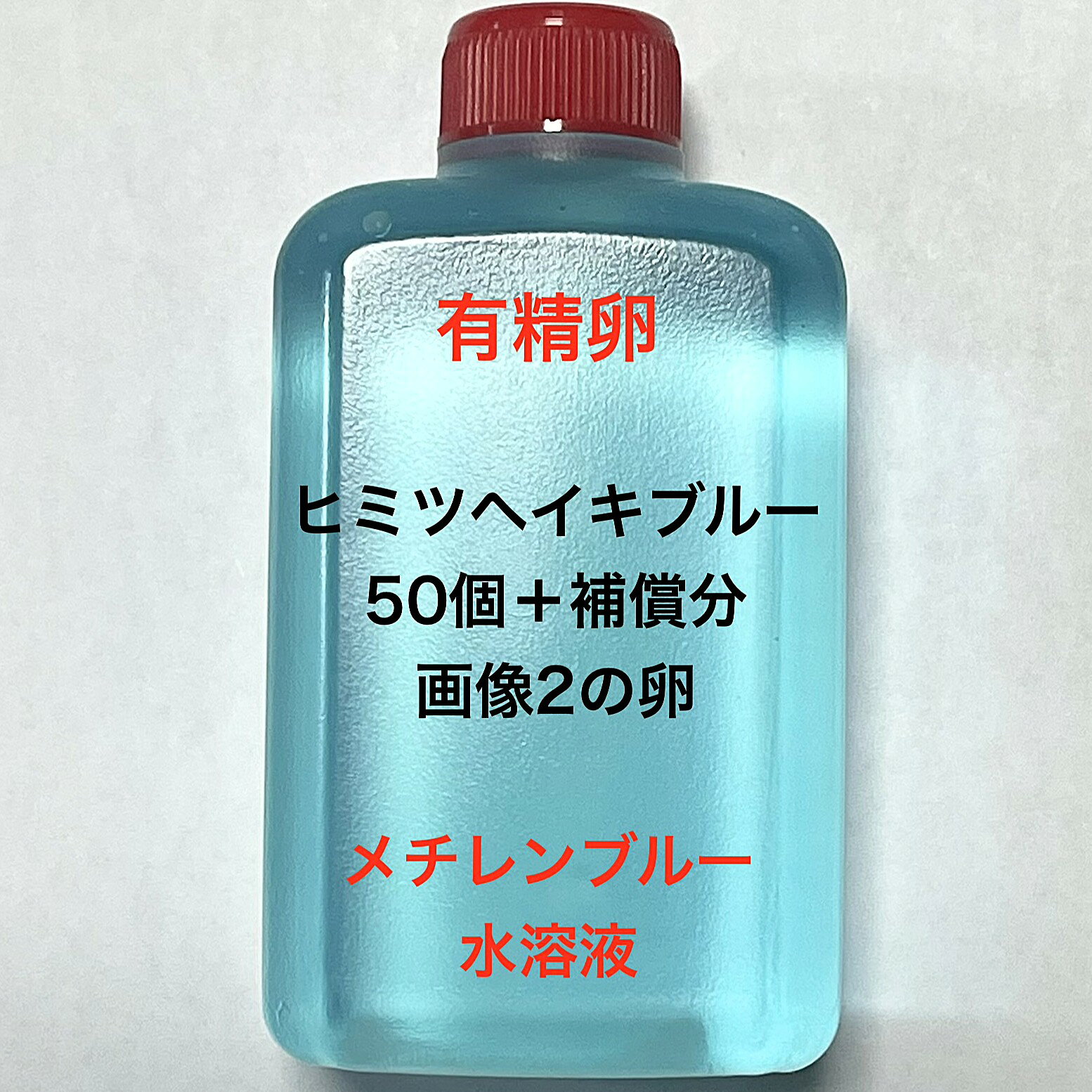S●※メダカの卵・有精卵初出荷※●ヒミツヘイキブルー★画像2のメダカの卵【ヒミツヘイキブルー有精卵：50個＋補償分】：在庫がなくなり次第終了致します。※●自店舗で生産している画像2のヒミツヘイキブルーの有精卵を発送致します。卵ですので補償はありませんが多少多く入れて発送いたします。水カビを防ぐためにメチレンブルー水溶液に入っております。到着いたしましたら入れ物から出していただきこのままのメチレンブルー水溶液で孵化させてください。約10日前後で孵化致します。孵化する過程で白く濁ってきた卵は即座に取り除いてください。孵化しましたらカルキを抜いた飼育水で育ててください。【メチレンブルー水溶液にいれて発送になります】●※卵の補償はありませんのでご了承の上ご注文宜しくお願い致します。 当店ではオリジナル針仔用にて育てております、当店自慢のオリジナル飼育用餌になります。（別途針仔用、稚魚用餌、成魚用餌もご用意しております是非ご利用ください）●●※12:00までの注文で翌日お届け※●●【商品説明】ヒミツヘイキブルーのメダカの卵は、50個の有精卵に補償分を加えたセットです。この卵は、メダカの育成を楽しむ方に最適で、初心者から経験者まで幅広くご利用いただけます。メチレンブルー水溶液に入れており、卵の保護に役立ちます。高品質な卵を育てることで、美しいメダカの成長を観察する楽しみを提供します。※電話でのご注文・ご予約・ご相談も受けております(080-6708-6627）