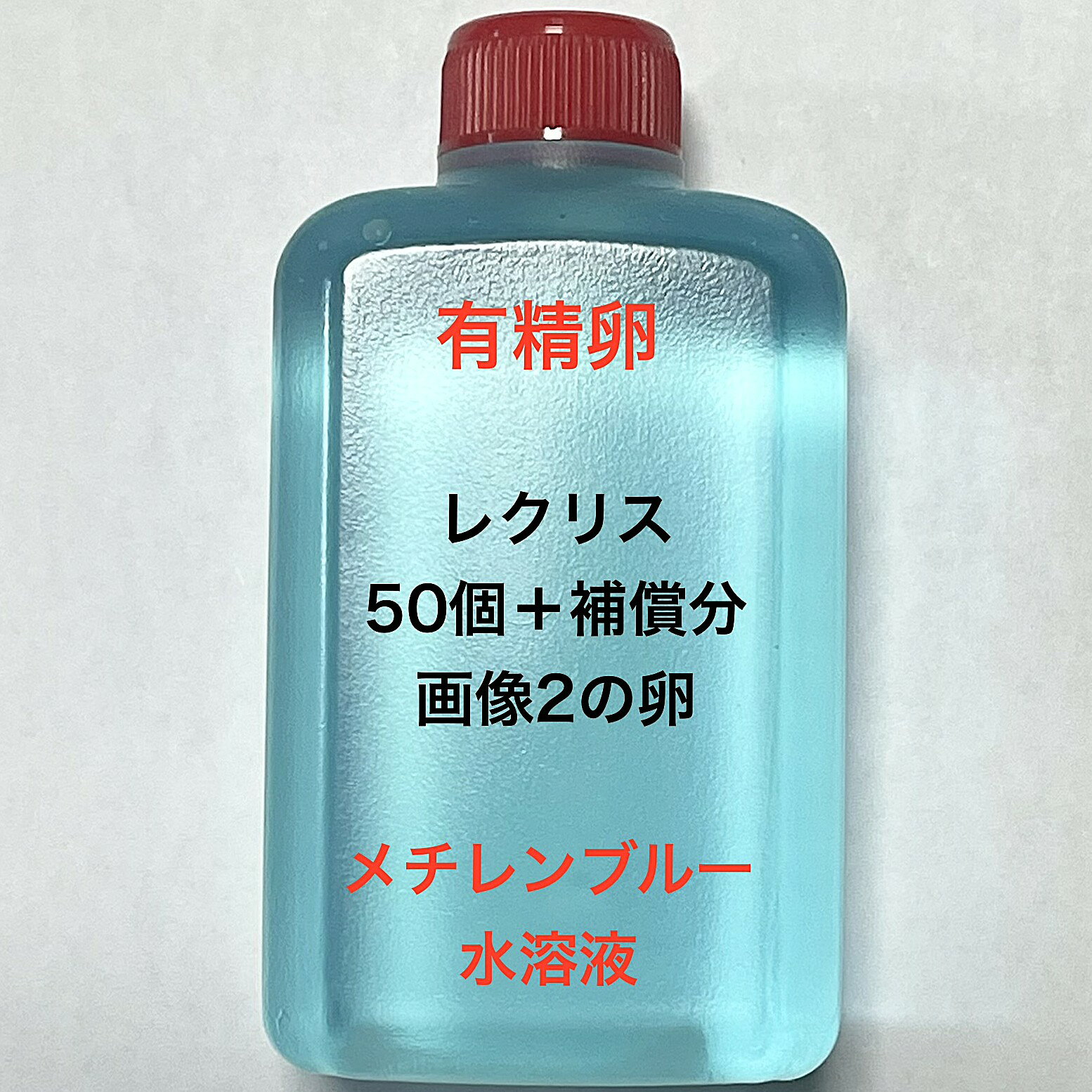 W●※メダカの卵・有精卵初出荷※●レクリス★画像2のメダカの卵【レクリス：50個＋補償分】：在庫がなくなり次第終了致します。※●自店舗で生産している画像2のレクリスの有精卵を発送致します。卵ですので補償はありませんが多少多く入れて発送いたします。水カビを防ぐためにメチレンブルー水溶液に入っております。到着いたしましたら入れ物から出していただきこのままのメチレンブルー水溶液で孵化させてください。約10日前後で孵化致します。孵化する過程で白く濁ってきた卵は即座に取り除いてください。孵化しましたらカルキを抜いた飼育水で育ててください。【メチレンブルー水溶液にいれて発送になります】●※卵の補償はありませんのでご了承の上ご注文宜しくお願い致します。 当店ではオリジナル針仔用にて育てております、当店自慢のオリジナル飼育用餌になります。（別途針仔用、稚魚用餌、成魚用餌もご用意しております是非ご利用ください）●●※12:00までの注文で翌日お届け※●●【商品説明】「レクリスのメダカの卵・有精卵セットは、50個の卵に加え、補償分も含まれています。このセットは、メダカの飼育を始める方に最適です。卵は高い孵化率を誇り、健康なメダカの成長をサポートします。水槽での飼育に適した条件を整え、メダカの成長を楽しむことができます。初心者から経験者まで、幅広い方におすすめのセットです。」※電話でのご注文・ご予約・ご相談も受けております(080-6708-6627）