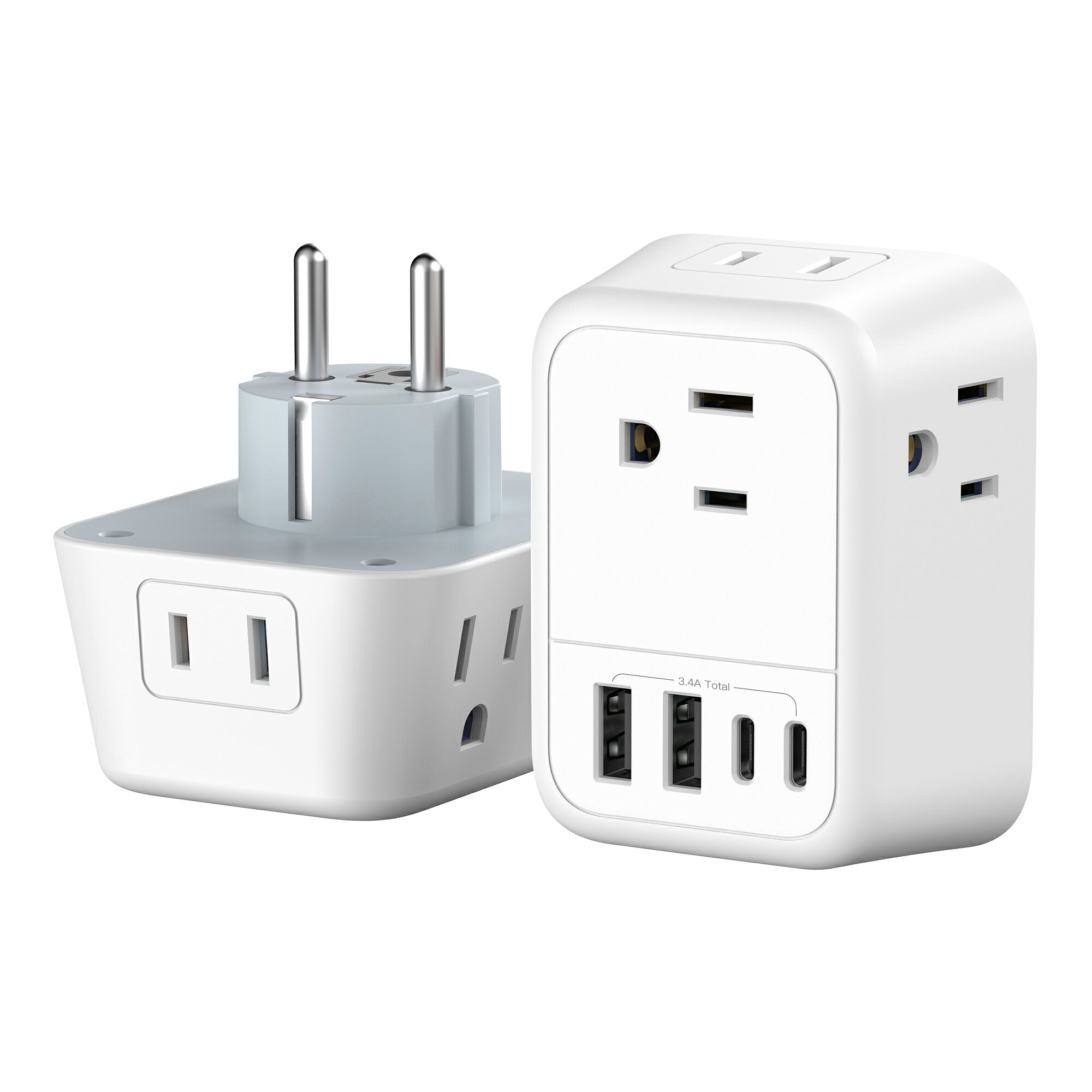 QISI SEタイプ 海外用変換プラグ AC4個口 USB-A×2 Type-C×2搭載 最大3.4A 電源タップ ドイツ 韓国 フランス スペイン 欧州対応 海外旅行 出張用 コンセント変換 日本国内使用不可
