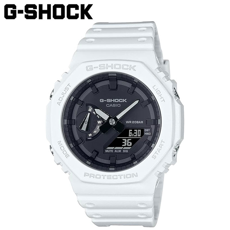 G- SHOCKから、オクタゴン（八角形）ケースモデル、GA-2100シリーズのシックなカラーモデルです。 初代モデル“DW-5000C”にも採用された“八角形フォルム”を継承。 ケース素材には、高剛性を発揮するカーボンファイバー強化樹脂を使用し、薄型化と軽量化を実現。 タフな構造はそのままに無駄を省いたシンプルなデザインのコンビネーションモデルとしています。 カラーリングはどんな服にも合わせやすいホワイトをラインアップ。 文字板をブラックアウトとすることで、クールで洗練された印象を与えます。 G-SHOCK初代モデルのDNAを受け継ぎながら、デザイン、フォルム、サイズに徹底的にこだわったG-SHOCKです。 ※ブラウザによってカラーが異なる場合がございます。 ※商品箱やタグの折れ曲がり等はご了承ください。 ※開封後の返品・交換はお断りさせて頂きます。 ※複数のショップで販売しているため、ご注文時に在庫切れとなる可能性がございます。 予めご了承下さいますようお願い申し上げます。 メーカー希望小売価格はメーカー商品タグに基づいて掲載しています時計にタフネスという新たな概念を築き上げたG-SHOCK。 すべては、落としても壊れない時計をつくるという開発者の熱き信念、 当時の常識を覆す、無謀ともいえる挑戦から始まった。 1981年、プロジェクトチーム・タフ結成。 200を超える試作が繰り返され、 約2年にも及ぶ歳月が費やされた。 完成したのが、耐衝撃構造。 タフの中核を担うテクノロジーの誕生である。 以来、G-SHOCKは、終わりなき進化を続けてきた。 構造、素材、機能。あらゆる面から、さらなるタフを追い求めて。 そして今、そのあくなき挑戦、たゆまぬ努力が、 3つの重力加速度に耐える強化構造、TRIPLE G RESISTに結実。 さらに、あらゆる環境下での使用に応えるオールマイティタフの追求により、 軽快かつ確実な操作性を叶えるSMART ACCESSの搭載を実現。 どこまでも強く。その先の強さを目指して。 G-SHOCK、その挑戦に終わりはない。 ↓↓ おすすめアイテム　クリック ↓↓ AW-591BB-1AJF GBD-H1000-1A7JR GM-5600B-3JF BGD-501-7JF GBX-100TT-2JF DW-6900GDA-9JR