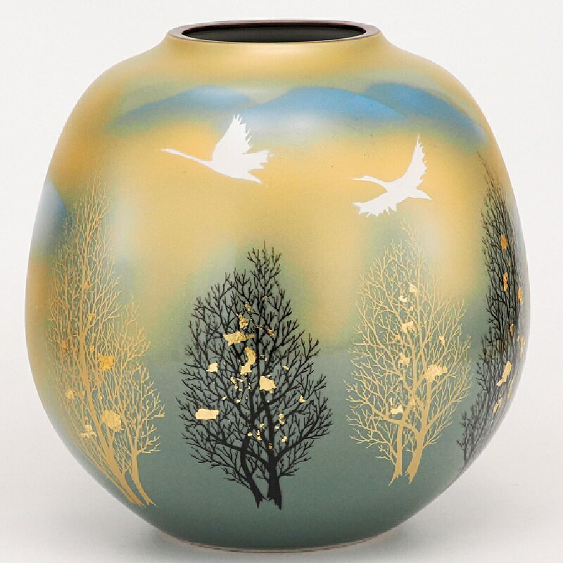 日本の伝統工芸品【九谷焼】7号花瓶　金箔双鶴