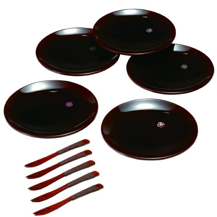 紀州漆器 銘々皿 総溜 明月（5枚入）フォーク付(3.0)