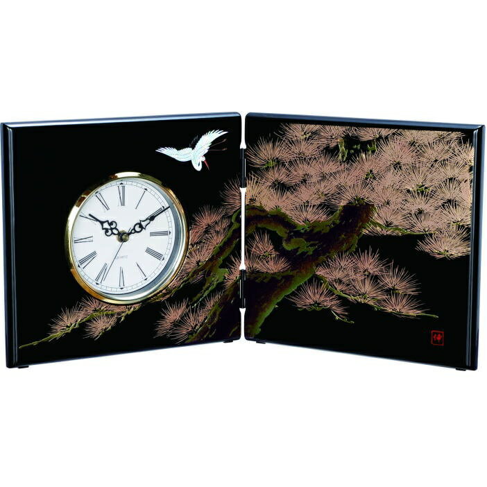 紀州漆器 屏風時計 黒 飛祥