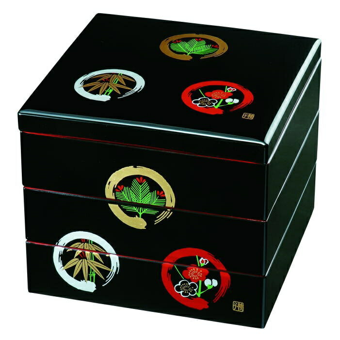 其它 - 紀州漆器 7.0三段重 黒内朱 丸に松竹梅
