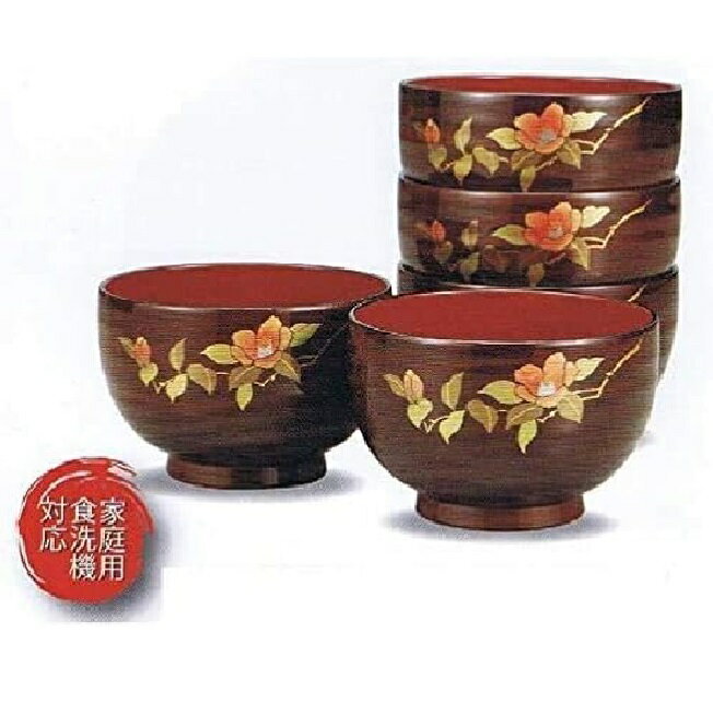 会津漆器・会津塗 春慶 宝生汁椀揃 花椿 (5客組)