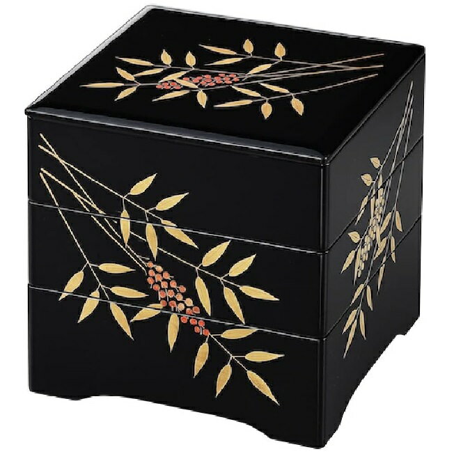 会津漆器・会津塗 黒 6.5 三段重共足 南天（H）