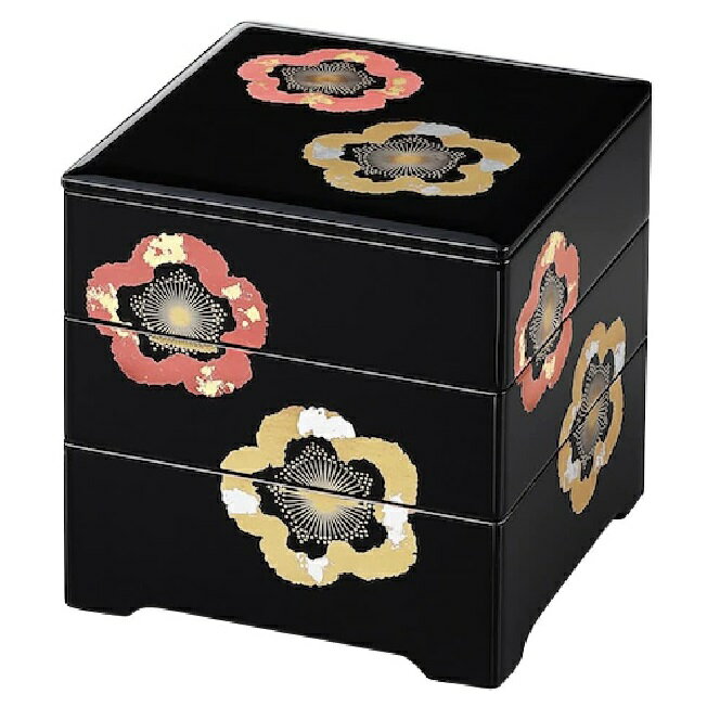 会津漆器・会津塗 黒内朱 6.0 三段重共足 金彩