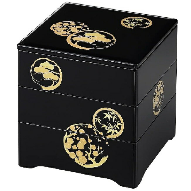 会津漆器・会津塗 黒内朱 5.5 三段重共足 花丸松竹梅