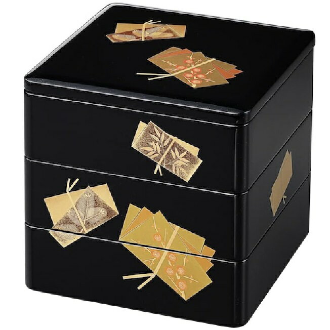 会津漆器・会津塗 黒内朱 6.5 三段本重 結び梅